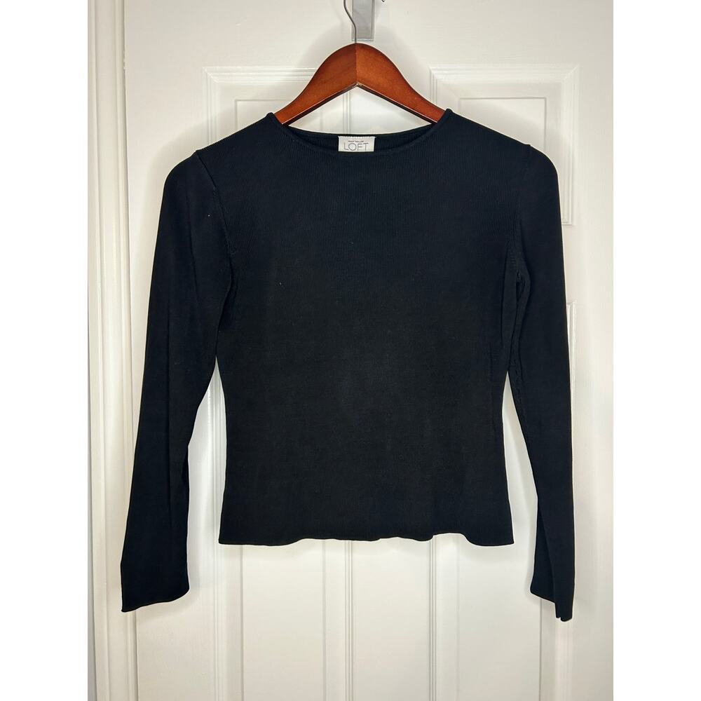 Ann Taylor LOFT XS Black 100% Silk Ribbed Knit Top Long Sleeve Fitted Crewneck